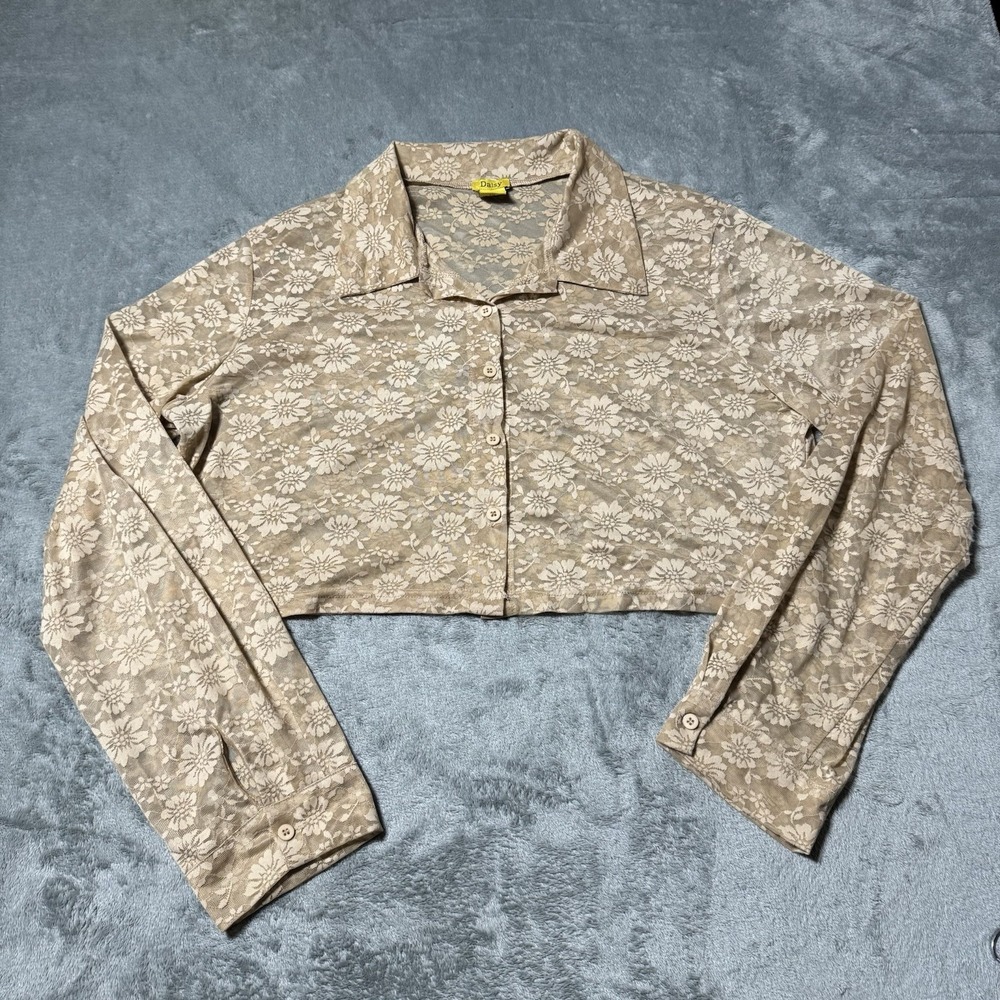 VTG Y2K DAISY Lace Floral Longsleeve Cropped Button Shirt Size 1X Cottage Whimsy